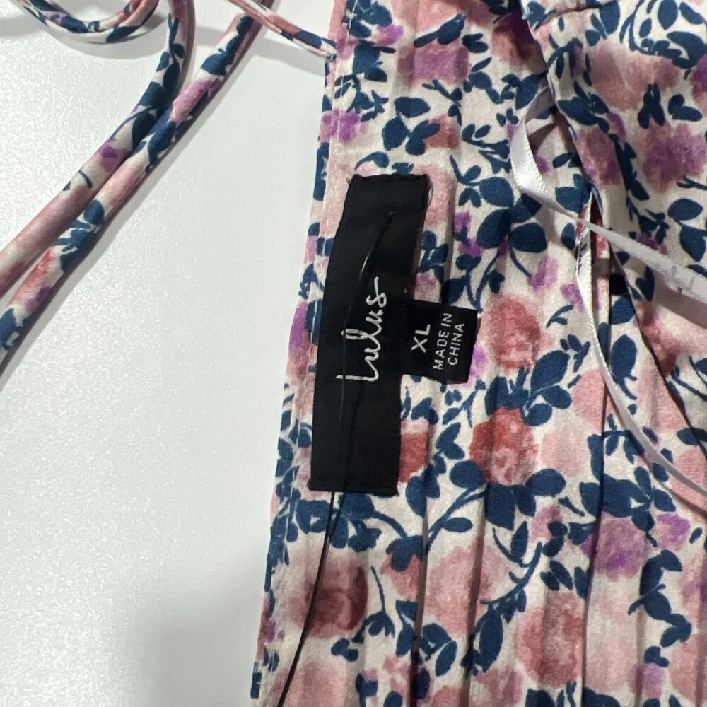 Lulus Womens Dress Floral Purple Pink‎ White Tie Back Accordian V-neck XL NEWT - Picture 11 of 16